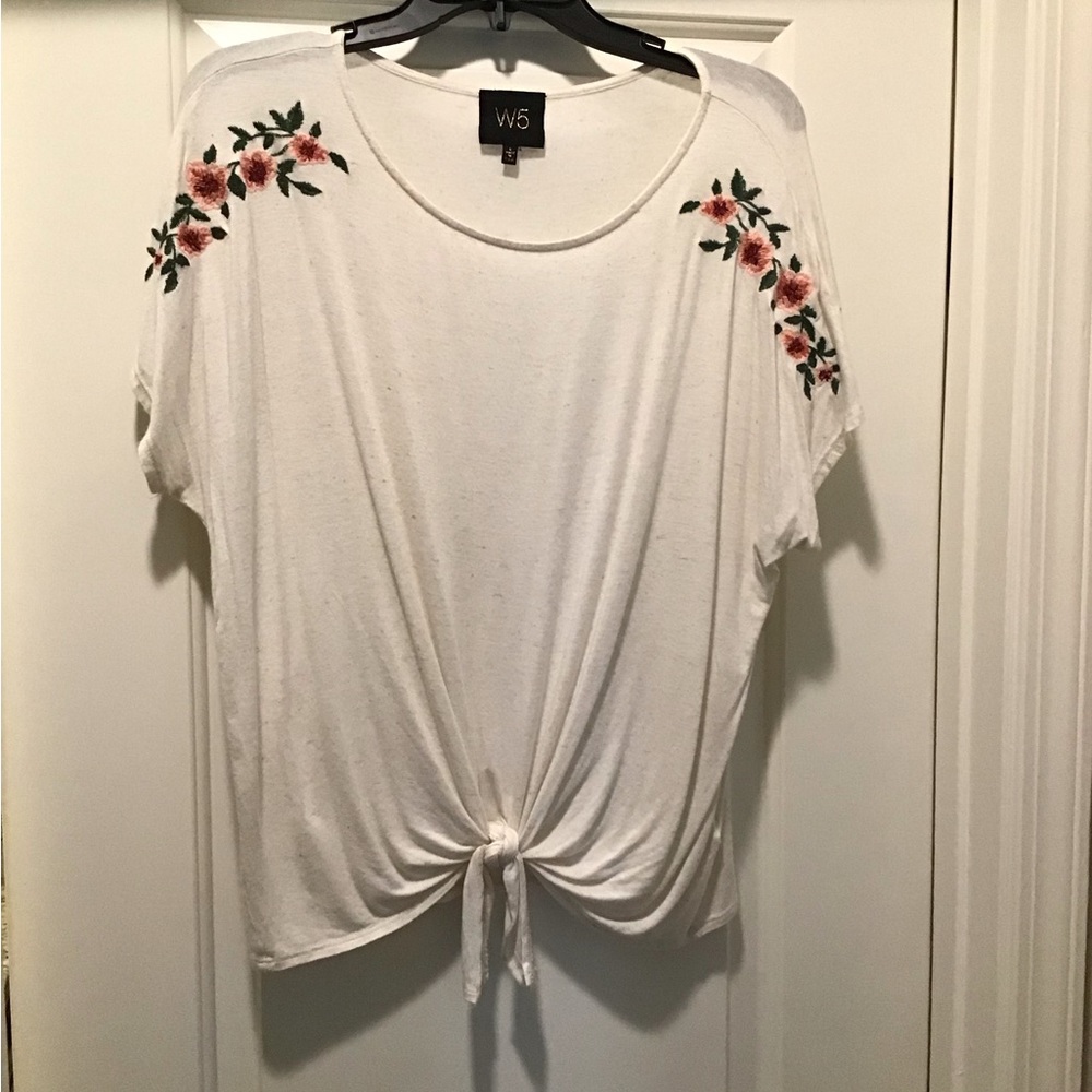 W5 knit tie top with embroidered shoulders